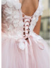 Pink Floral Appliques Tulle Romantic Flower Girl Dress